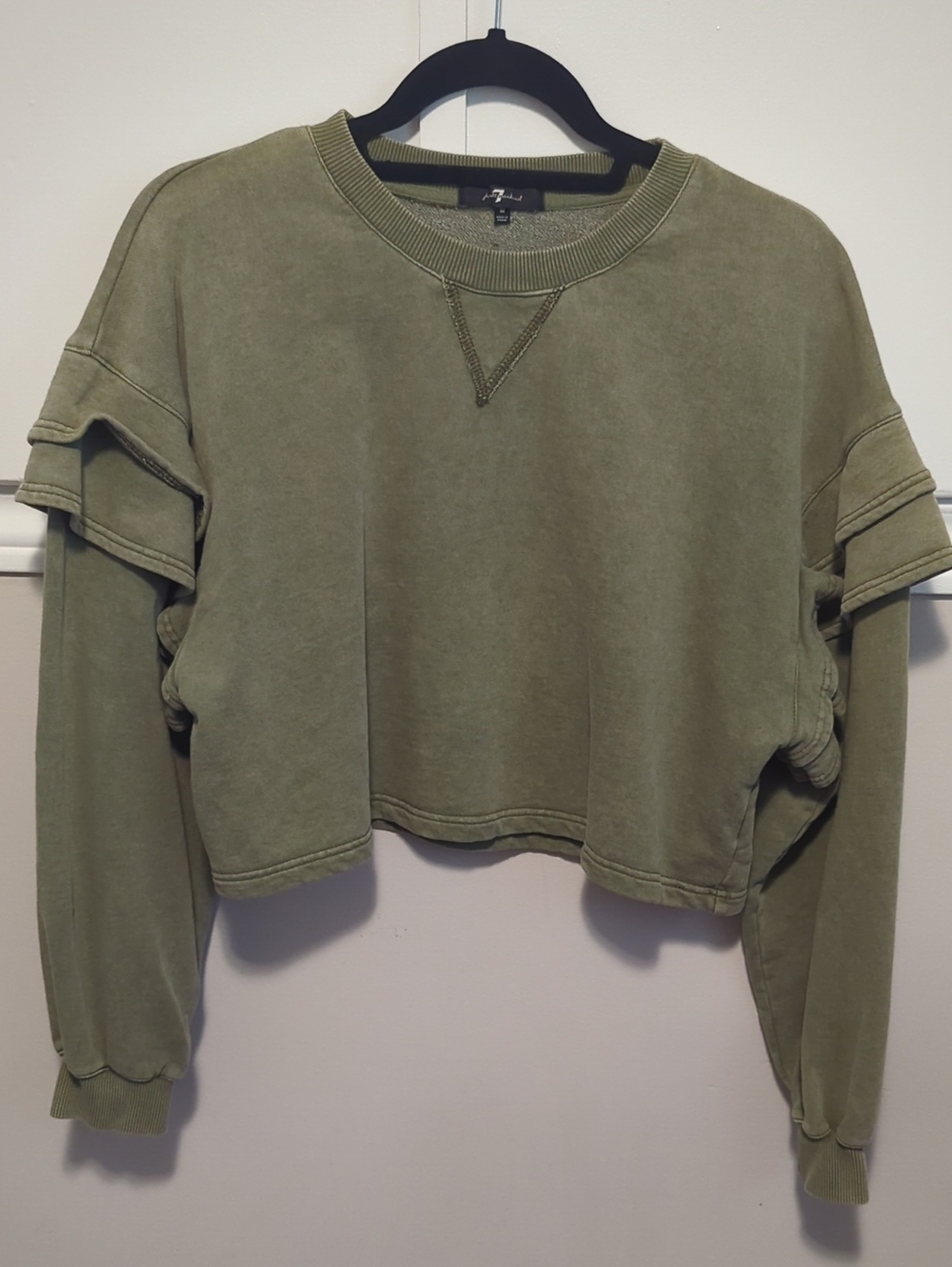 7 For All Mankind Olive Green Cropped Ruffle-Sleeve Sweatshirt